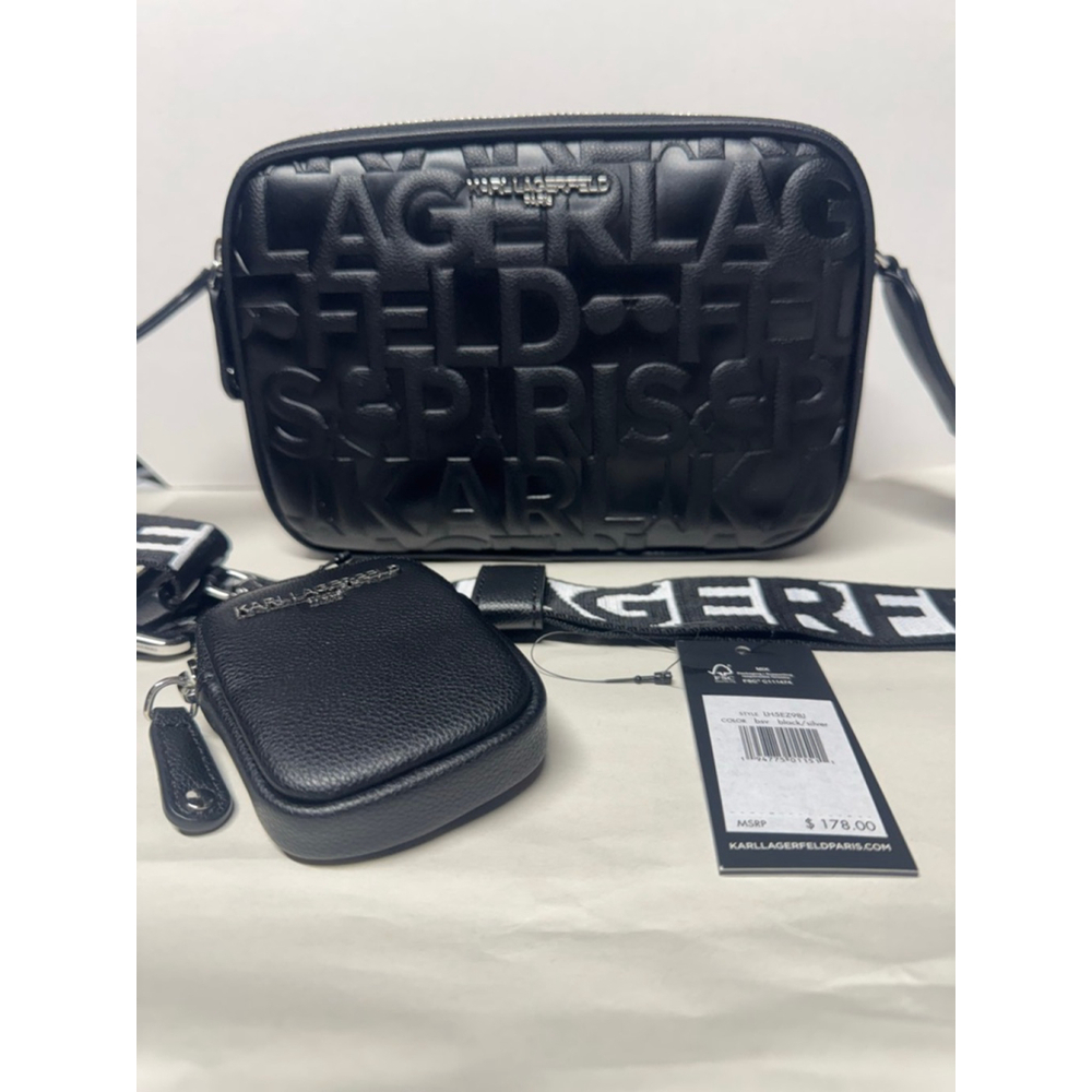 Karl Lagerfeld Paris Crossbody Bag – Black Logo Embossed, Silver Hardware, NWT - Picture 2 of 8
